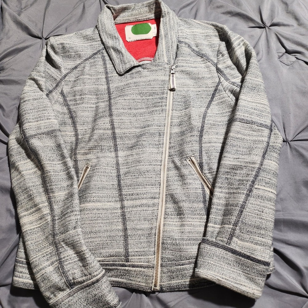 Anthropologie Knit Moto Jacket Gray White Striped Asymmetrical Zip Cotton Large